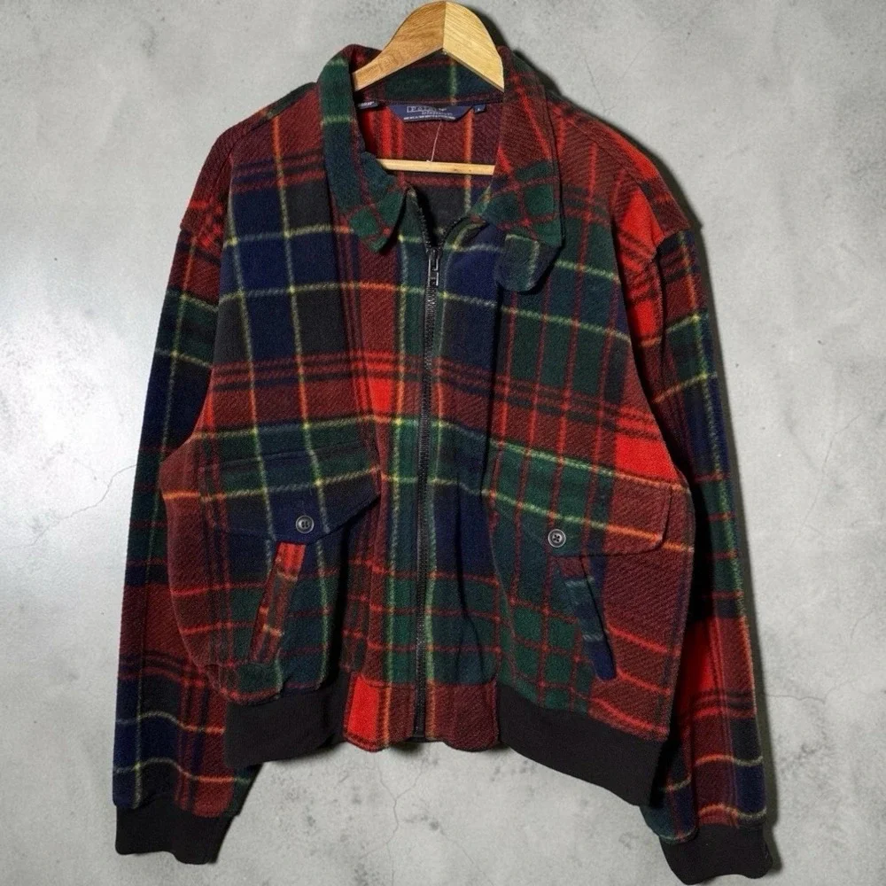 Vintage 90s Polo Ralph Lauren Tartan Plaid Fleece Bomber Jacket Mens L USA Made